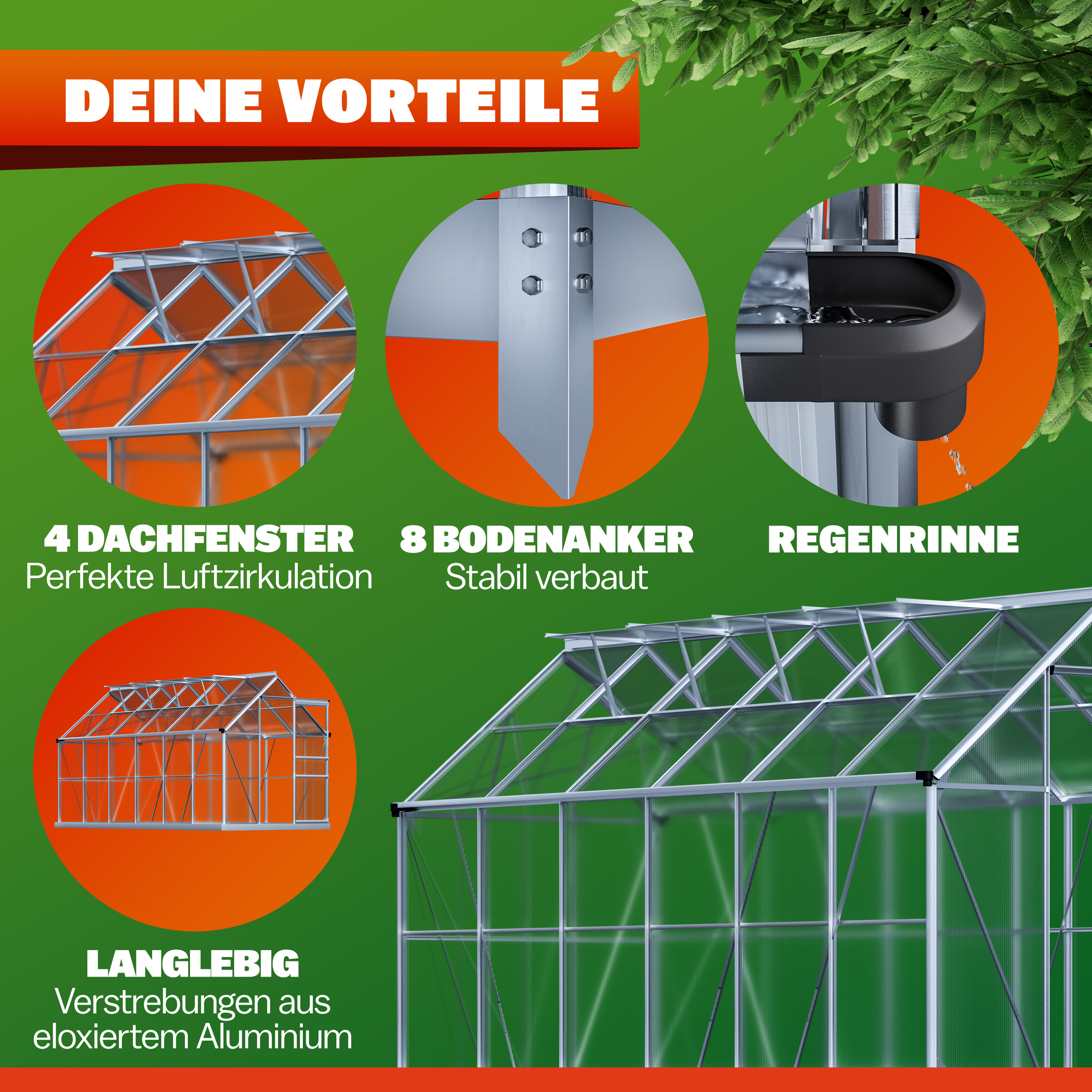 Gardebruk Alu Gewächshaus 380x190x195cm mit Fundament – Bild 3