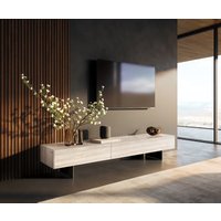 Lowboard Cuor 200 cm Keramik Laminam Travertino Bianco Creme-Weiß 1 Klappe 1 Schubfach Fuß Schwebeoptik Metall Schwarz