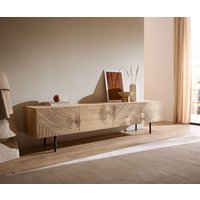 Lowboard Ashara 220 cm Eiche Natur 3D Effekt 4 Türen Rundfuß Metall Schwarz